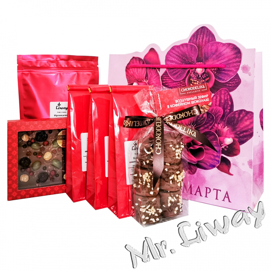 Подарочный набор на 8 марта из кофе, чая шоколада и зефира для женщин на 8 марта "Орхидея" купить по цене 1400 руб.