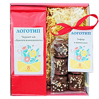 Подарок с логотипом на 8 марта в коробке с окном (2 вида чая и зефир)